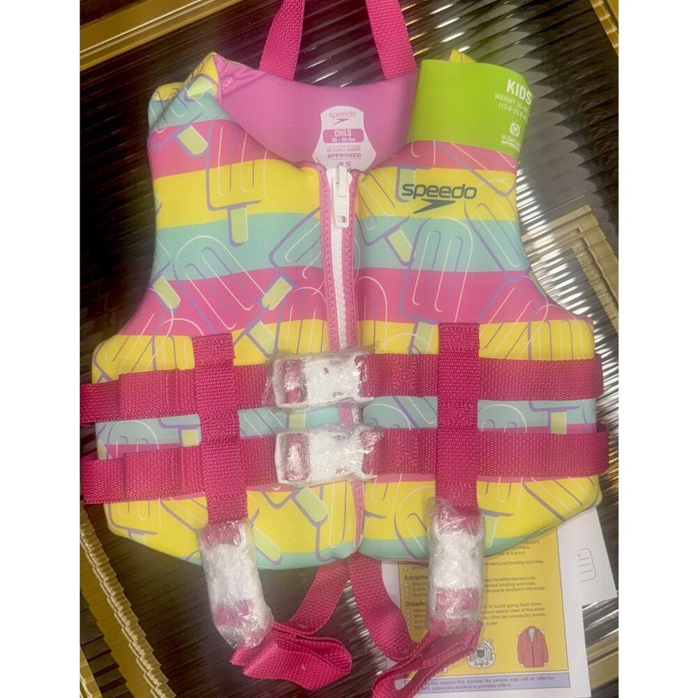 Speedo Kids Life Jacket Vest Child PFD Pink Yellow Sweet Sherbet 30-50 LBS- NEW - Picture 2 of 6